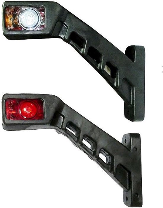 Twee zwarte LED-markeringslampen met een gebogen arm, elk met een witte of rode lens.