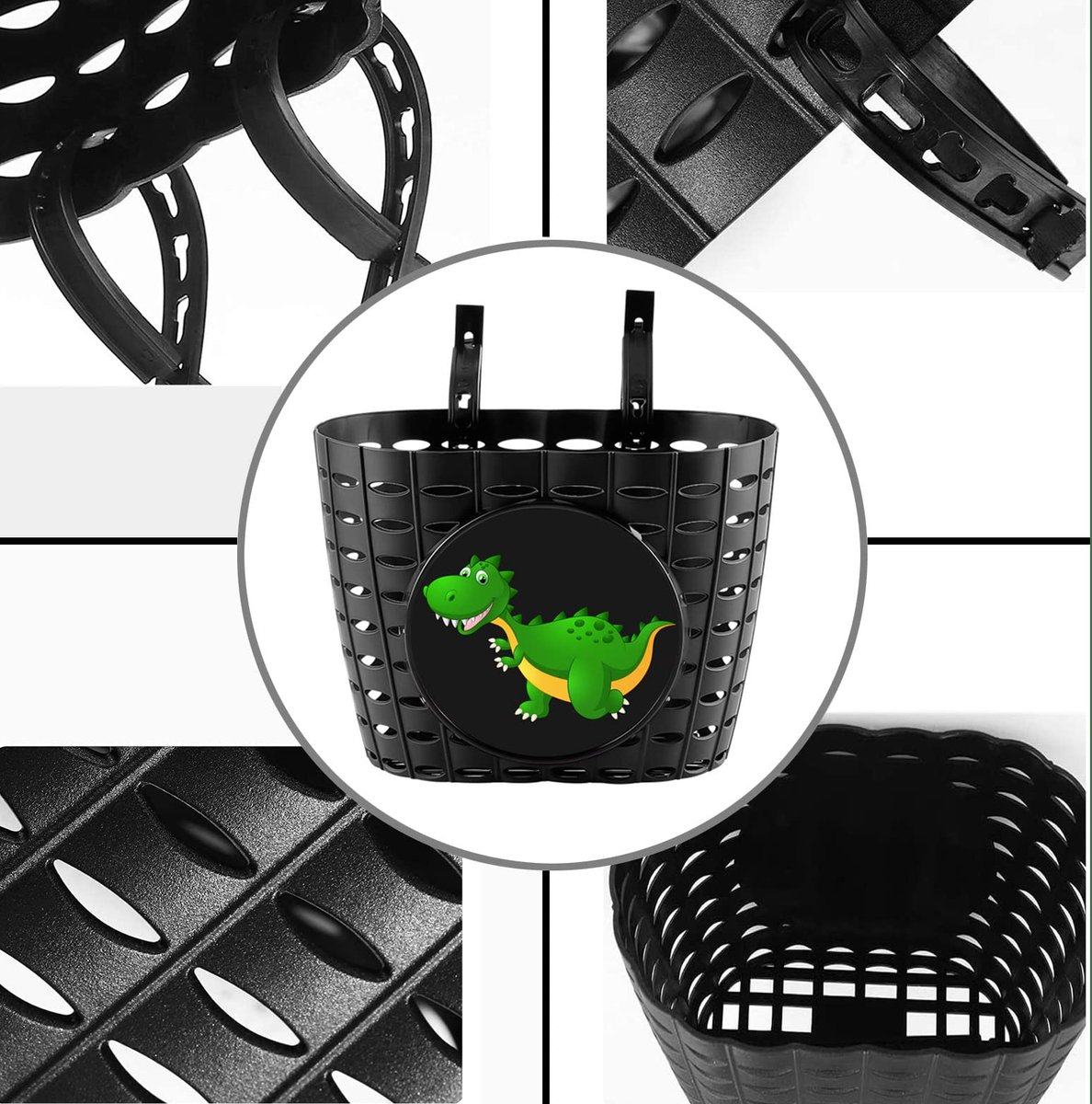 SnelShoppen - YeloYolker Kinderfietsmandje Zwart met Bel, Draagbaar Plastic Fietsmandje voor Jongens en Meisjes, Schattig Voorstuurmandje voor Peuters