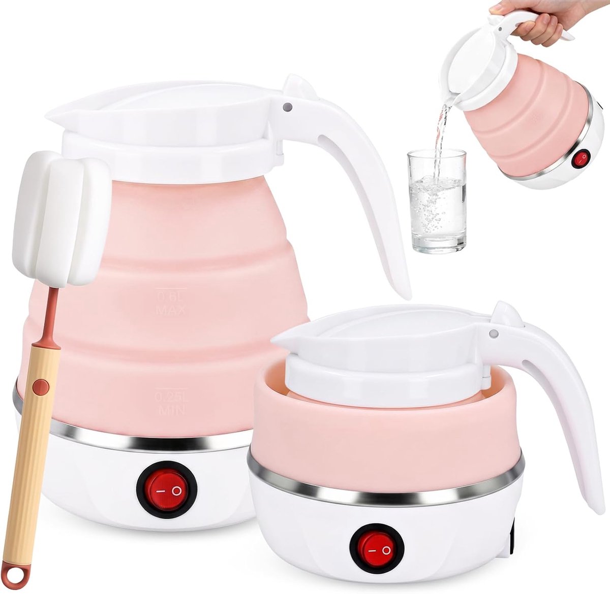 SnelShoppen - Vouwbare Waterkoker 600ml - Reiswaterkoker van Silikon - Draagbare Mini Elektrische Waterkessel met Klappborstel voor Camping, Keuken en