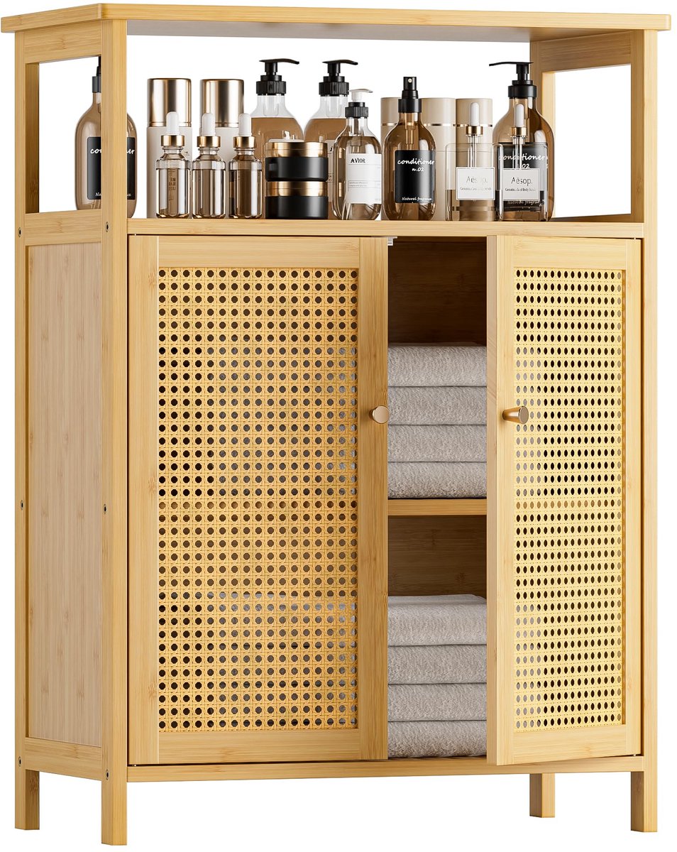 SnelShoppen - Rieten Badkamer Opbergkast, Bamboe Vloerkast met Deuren, Vrijstaande Organizer voor Woonkamer, Keuken, Entree, Natuurlijke Kleur, 3 Deur