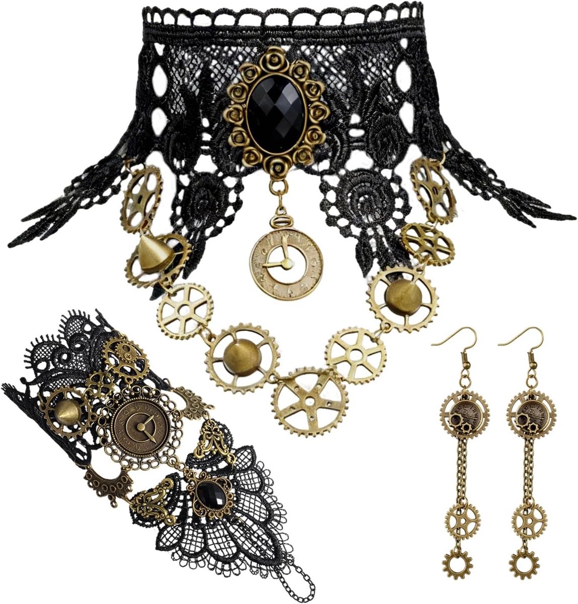 Vrouwelijk Steampunk Kostuum met Accessoires, Gothic Sieraden Set, Ketting, Armbanden en Oorbellen voor Carnaval en Feestjes
