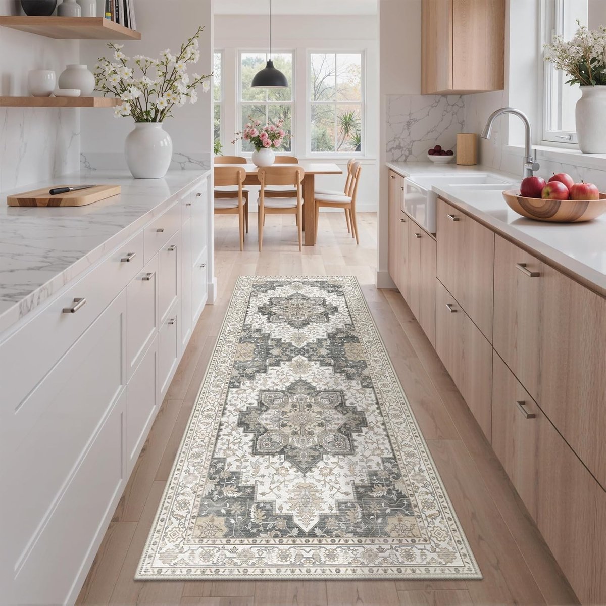 Vintage tapijt 80x200 cm, wasbaar boho-tapijt, antislip voor woonkamer, slaapkamer en kantoor, stijlvol greige ontwerp