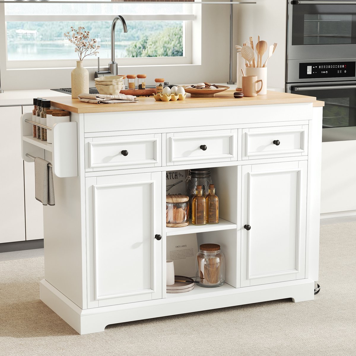 COVREO Keukeneiland 112-188x45x92 cm wit naturel, met laden en kruidenrek