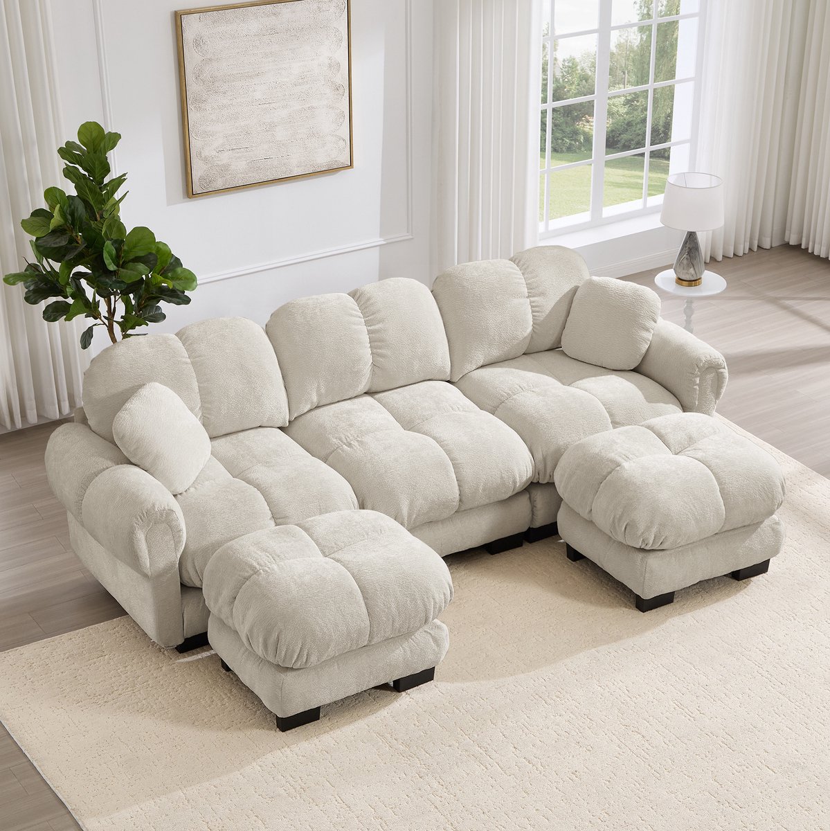 OKWISH U-Bank 260 x 149 x 90 Cm - Met Mobiele Ottomaan En 2 Sierkussens - Modulaire Chenille Bank Voor Woonkamer - Licht Kaki