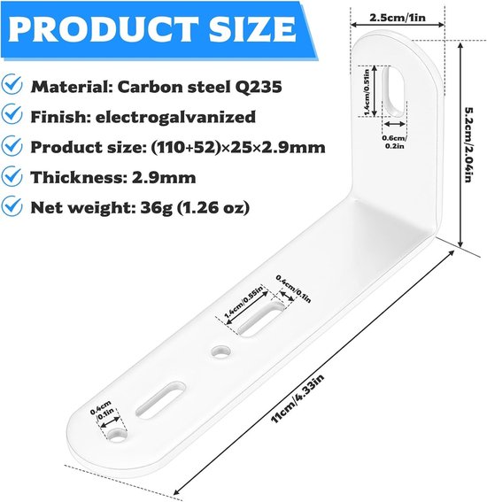 Set van 10 Verstelbare Hoekhouders voor Meubels, L-vormige Hoekbeugels, 90 Graden, Wit, 111 x 52 x 25 mm, Ideaal voor Stabiele Bevestiging en Ondersteuning — afbeelding 5