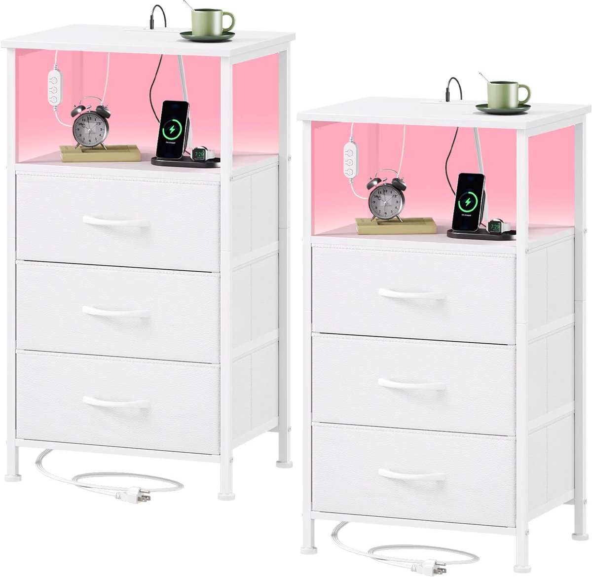 SnelShoppen - Somdot Nachtkastje met Stoffen Laden, Bijzettafel met 2 AC-Stopcontacten, 1 USB en 1 Type C, Ladekast en Opbergkast voor Slaapkamer en W