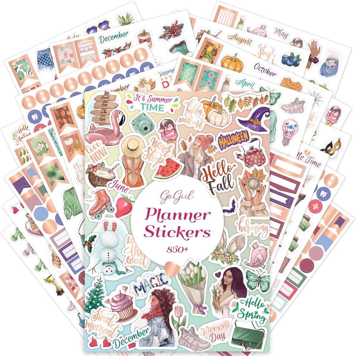 SnelShoppen - GoGirl Value Stickerset - 850+ Kleine Esthetische Stickers voor Planner, Dagboek, Kalender, Seizoensstickers, Inspirerende Citaten, To-D
