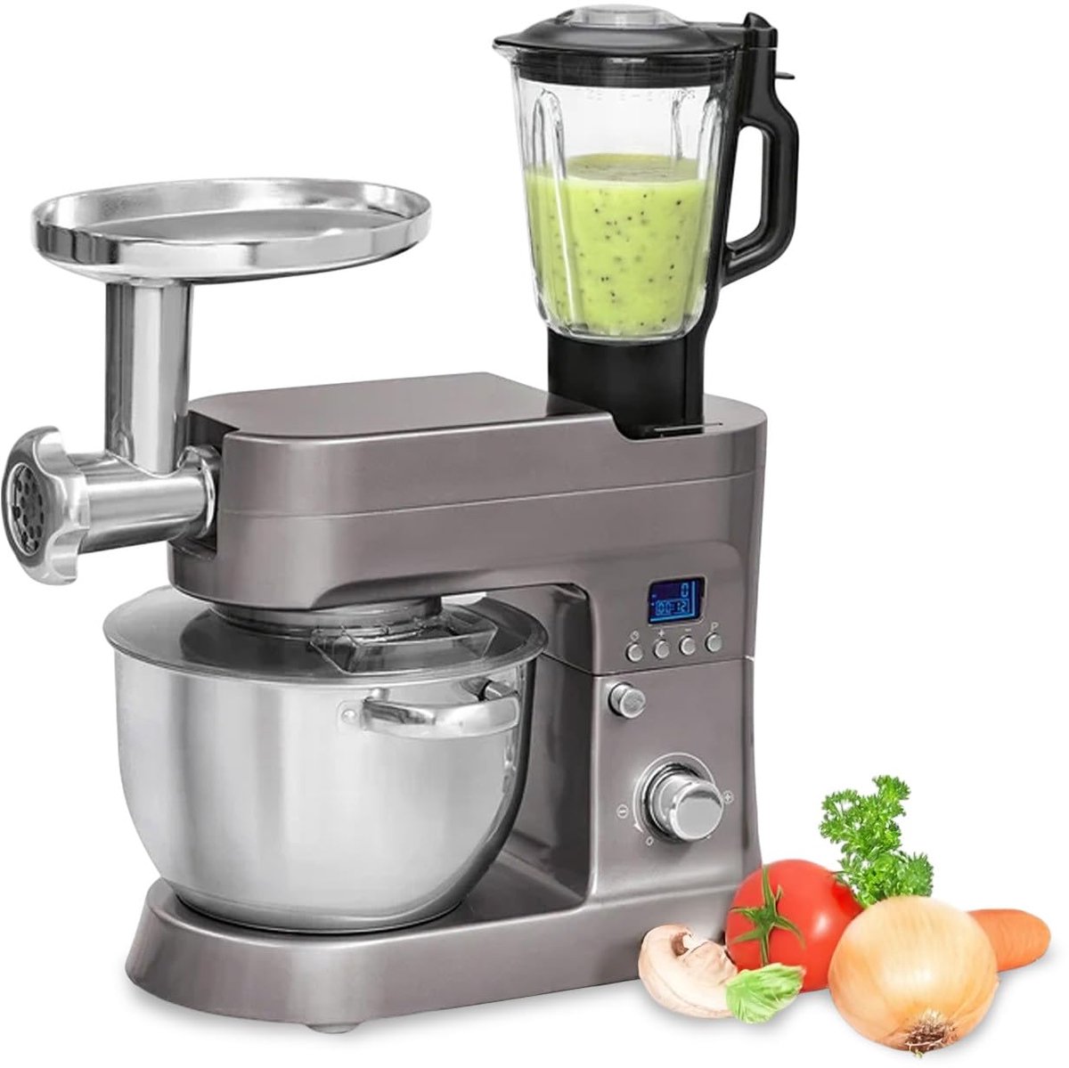 SnelShoppen - Planetaire mixer 1200 W met roestvrijstalen kom 6,2 l - Kneed, hak en meng met 12 snelheden, timer en soft-startfunctie voor keuken en f