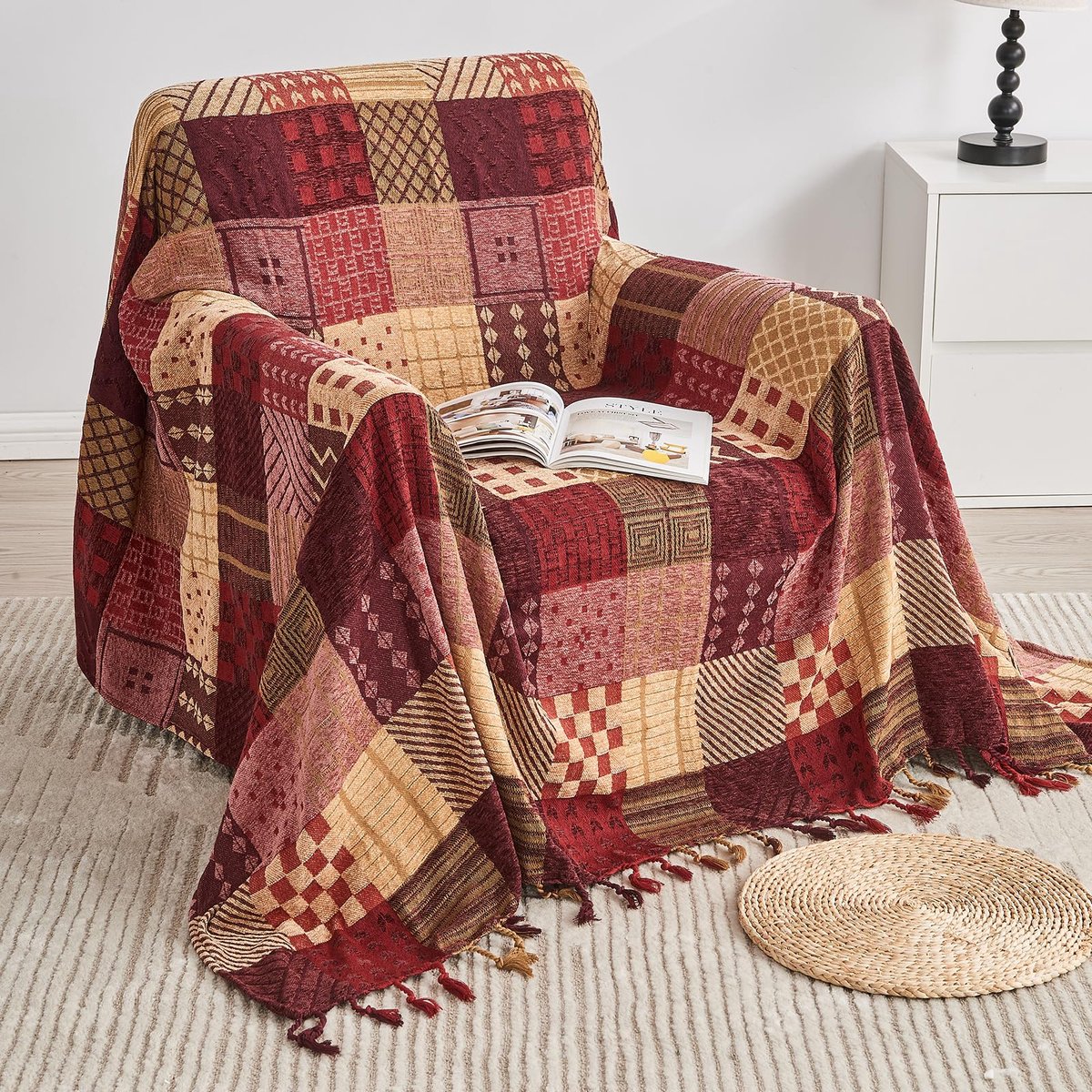 SnelShoppen - Boho plaid, patchwork dekens voor bank en bed, grote gewogen zachte meubelgooien met kwastjes, chenille, 220x260 cm, Boheemse decoratie
