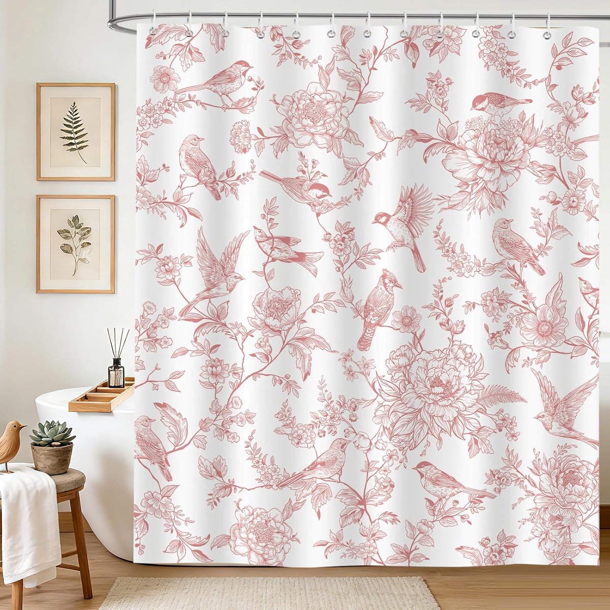 SnelShoppen - Boerderij Retro Douchegordijn 180 x 200 cm Roze Bloemen Vogels Waterdicht Polyester Badgordijnen voor Badkamer met 12 Ringen Machinewasb