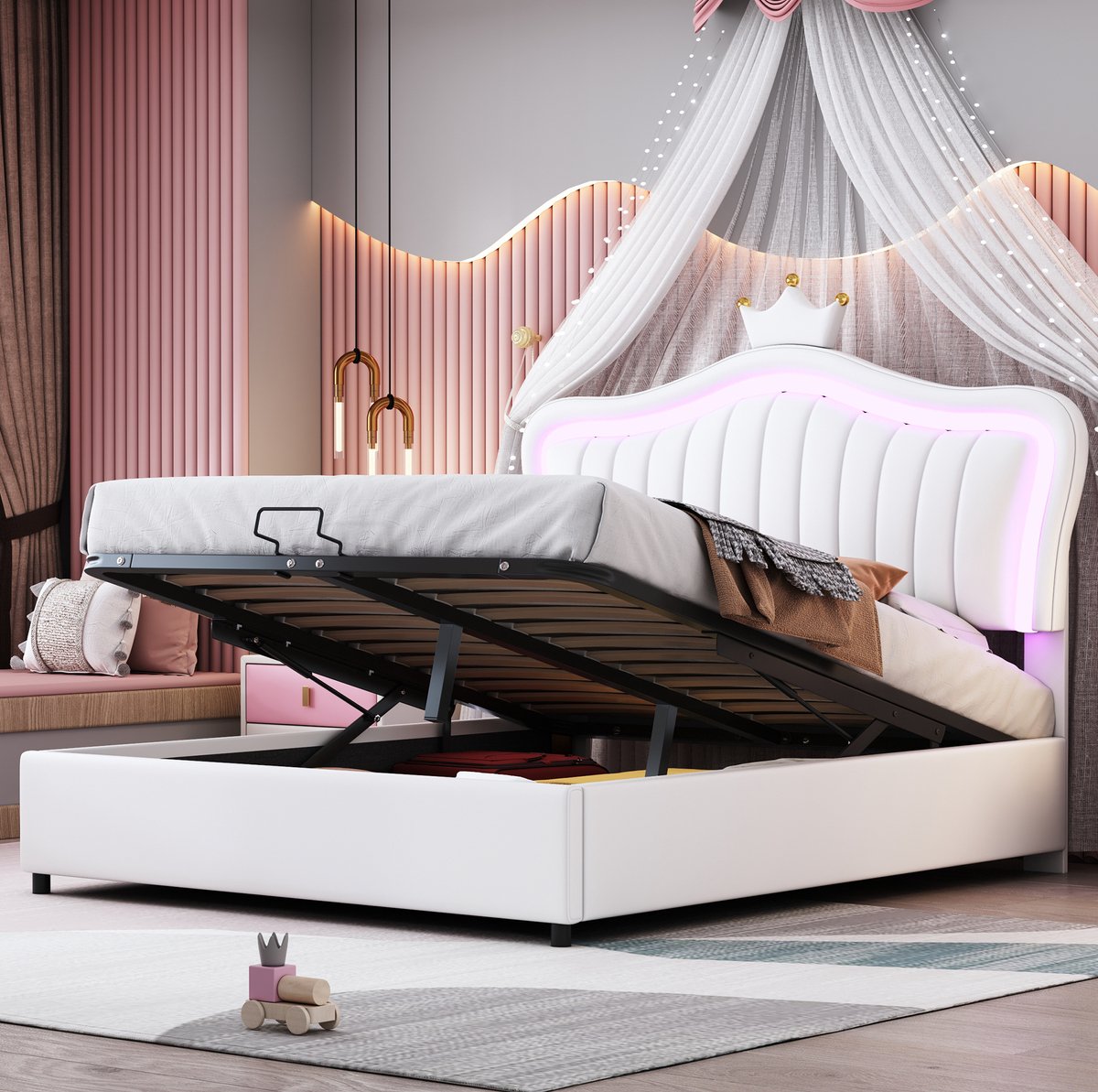 COVREO Bed 140x200 cm wit kunstleer met opbergruimte zonder matras