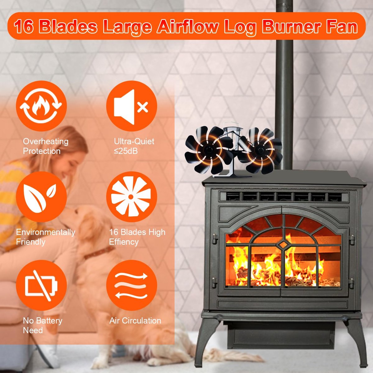 SnelShoppen - Houtkachel Ventilator Mini Warmte Aangedreven Eco Ventilator voor Houtverbranding, Stil en Efficiënt met 16 Bladen voor Thuis, Open Haar
