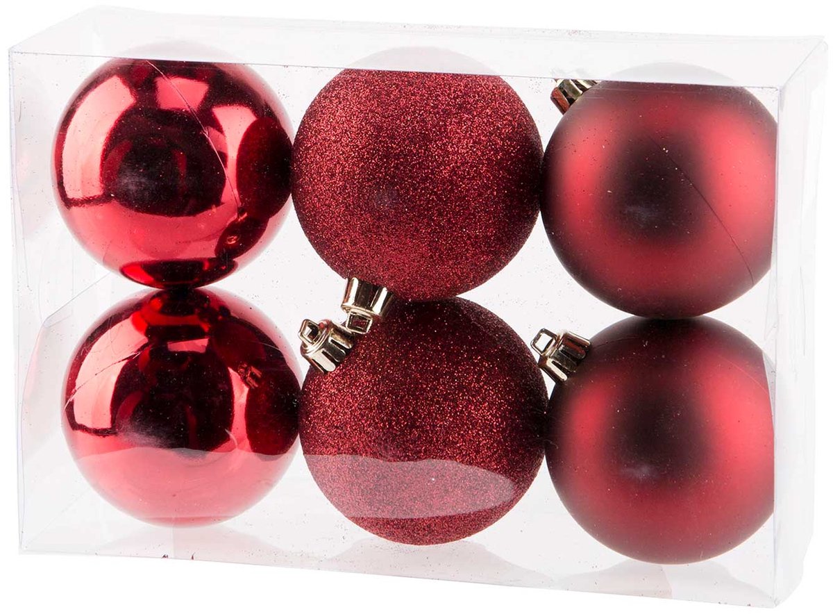 Cosy @ Home Kerstbal Set6 Mix Donkerrood D8cm Kunsts
