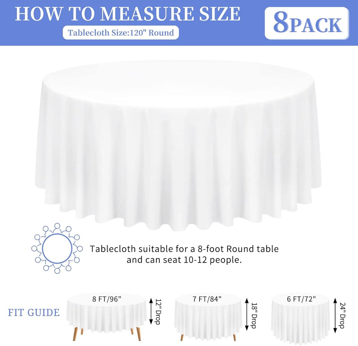 SnelShoppen - 8-pack Wit Ronde Tafelkleed 300 cm Cirkel Polyester Tafeldoek, Wasbaar, Vlek- en Kreukbestendig, Tafelkleed voor Bruiloft, Feesten, Bank