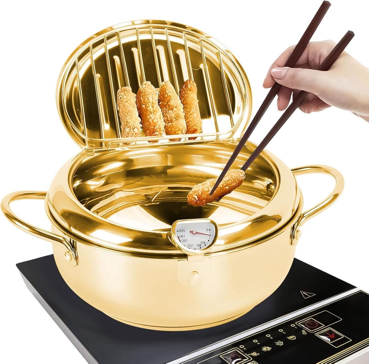 Friteuse Pan - Japanse Stijl - Lekker Frituren - Met Thermometer - 28 cm - Goud
