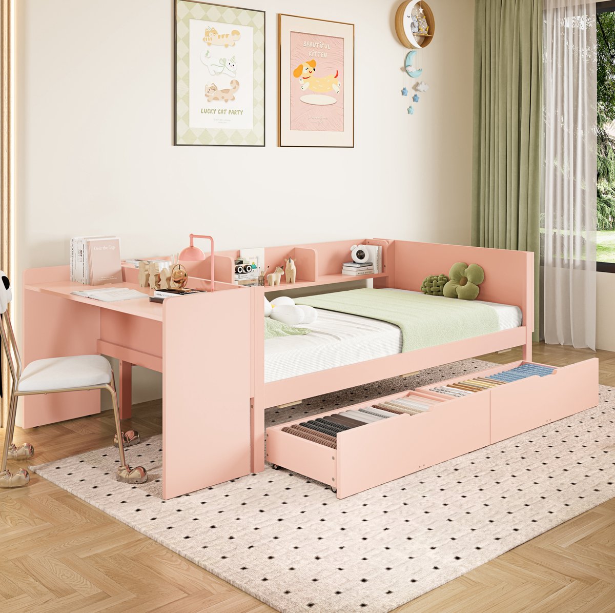 COVREO Bed 90x200 cm - roze, met bureau en 2 laden, zonder matras Pink