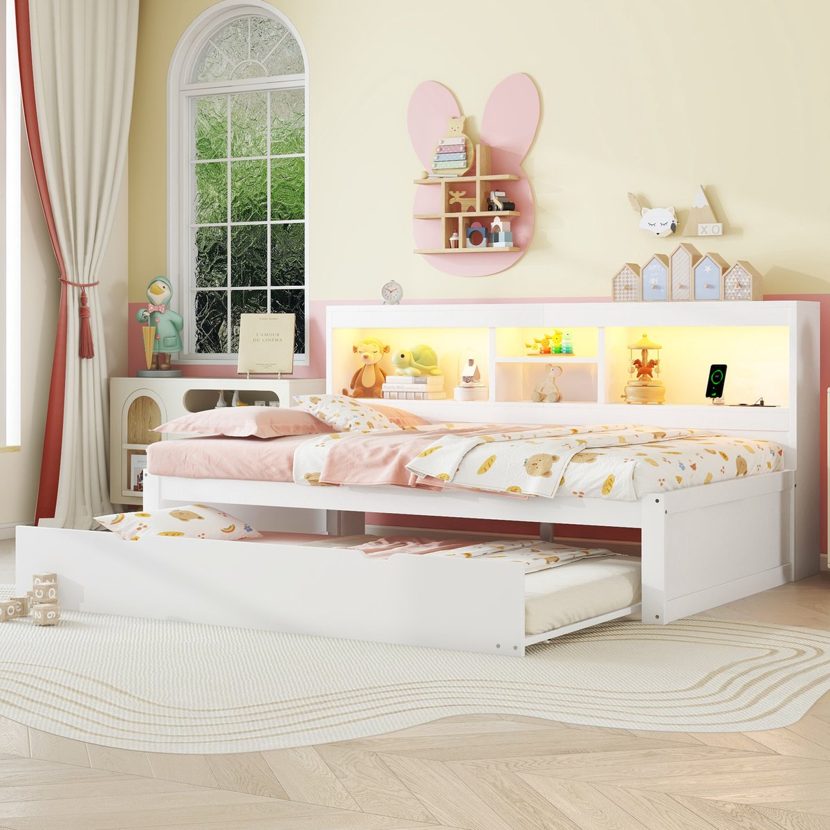 COVREO Bedbank 90x200 cm wit LED uitschuifbed opbergruimte zonder matras White