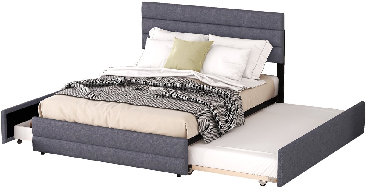 COVREO Bedframe 140x200 cm grijs, stof en MDF, met bedlade, zonder matras