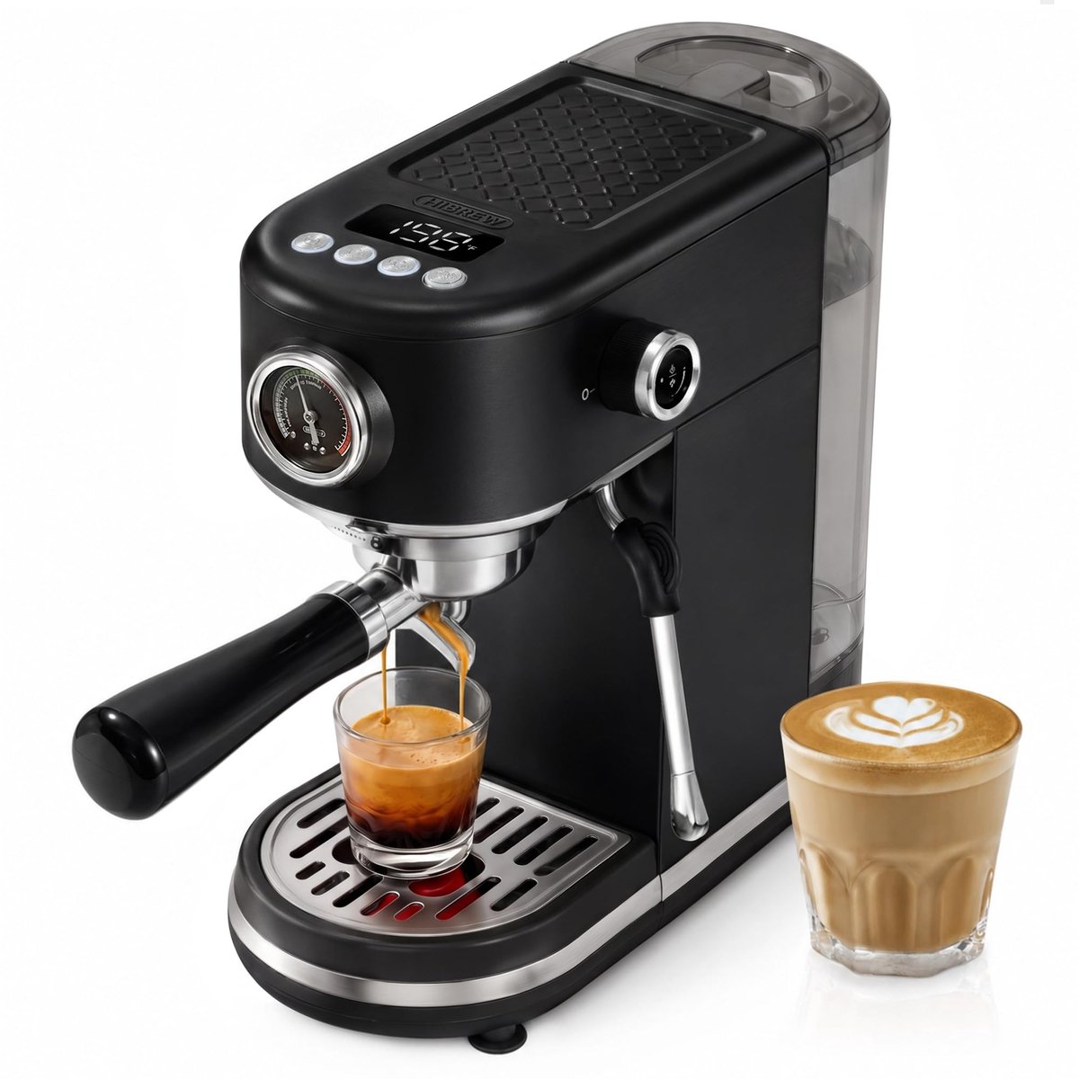 SnelShoppen - HIBREW H10B Espressomachine Programmeerbaar met Led-Display, Manometer, RVS, Zwart, Perfect voor Koffieliefhebbers in Keuken, Thuis, Kan