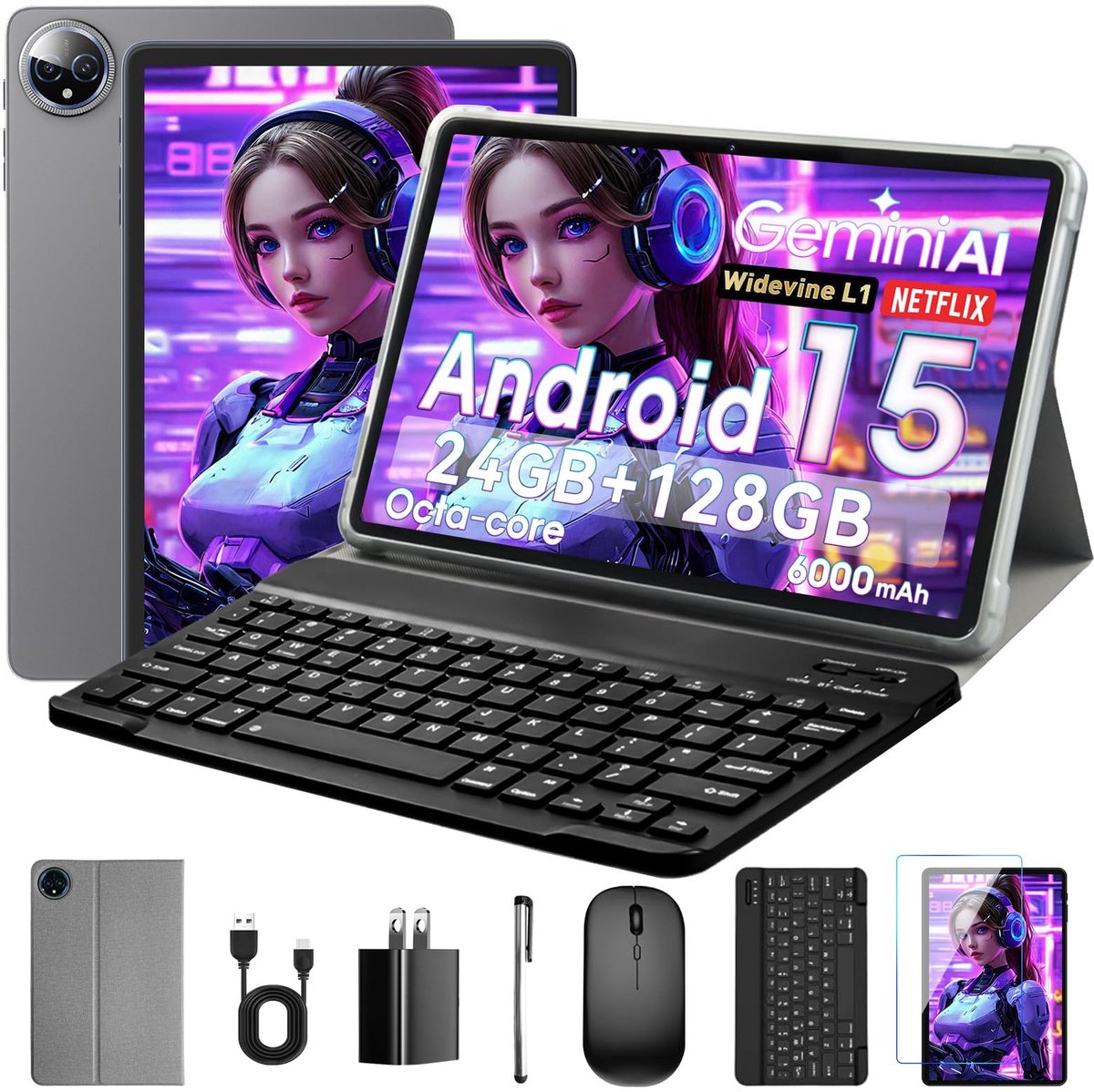 SnelShoppen - Aobante 10" Android Tablet 15 inch met 24 GB RAM, 128 GB ROM, Octa-Core, 1280x800 HD Touchscreen, 5MP + 8MP Camera's, 6000 mAh, Inclusie