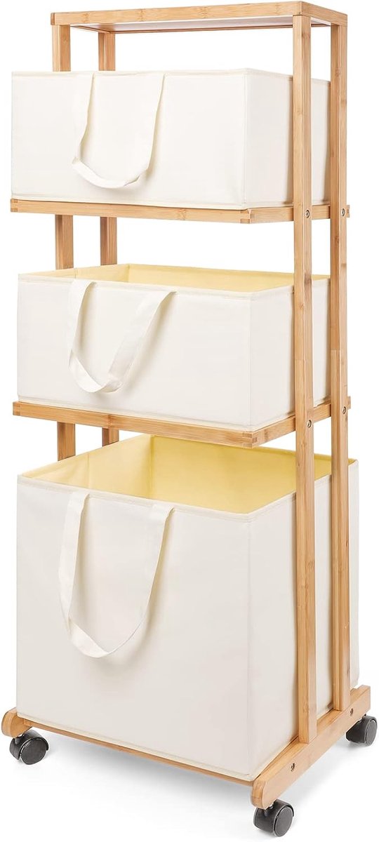 SnelShoppen - Bamboe Wasmand met Wieltjes, 4 Verdieningen, 3 Opbergmanden, Waswagen voor Badkamer, Natuur, 121x34x42cm, 50kg Belastbaar