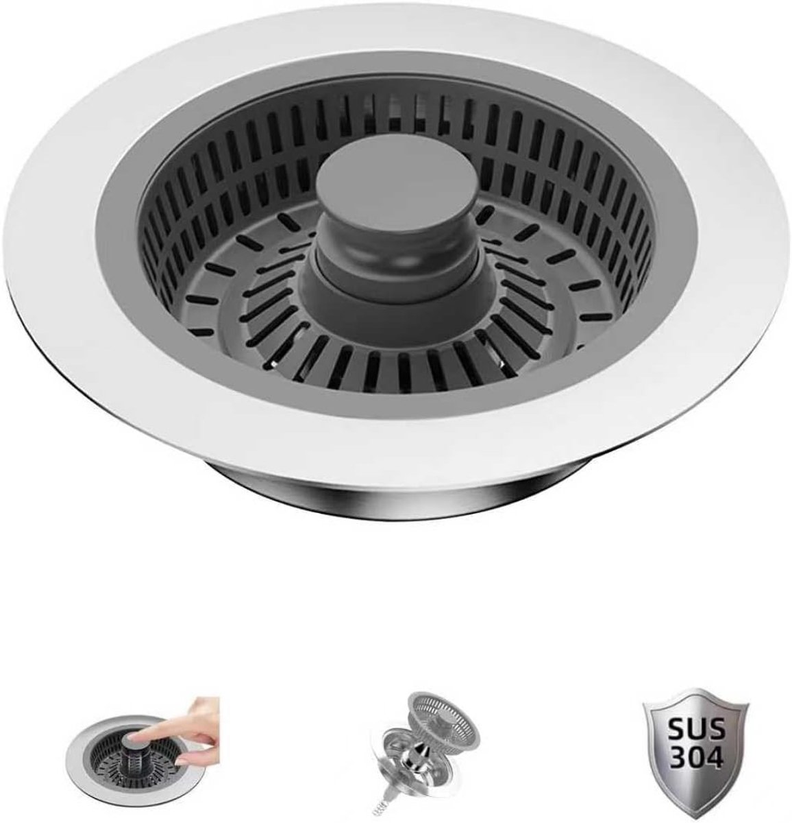 3-in-1 afvoerzeef en stop voor gootsteen, roestvrij staal, eenvoudig te installeren voor 75-85 mm gaten, universele accessoires voor keuken en badkamer