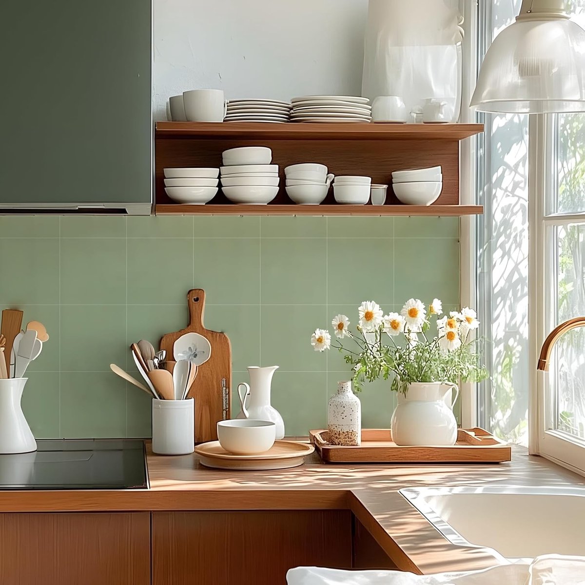 Sagegroene Zelfklevende Vinyl Tegel Stickers voor Vloer en Wand, 10 Stuks, 15 cm, Waterdicht en Spatbestendig voor Keuken en Badkamer