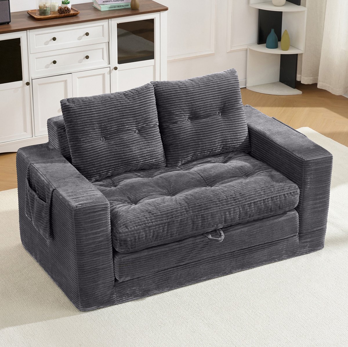 OKWISH Slaapbank 140 x 85 x 67 Cm - 2-Zits Bank Met Uitschuifbare Ligfunctie En Opbergtassen - Woonkamer Of Slaapkamer - Ribfluweel - Donkergrijs