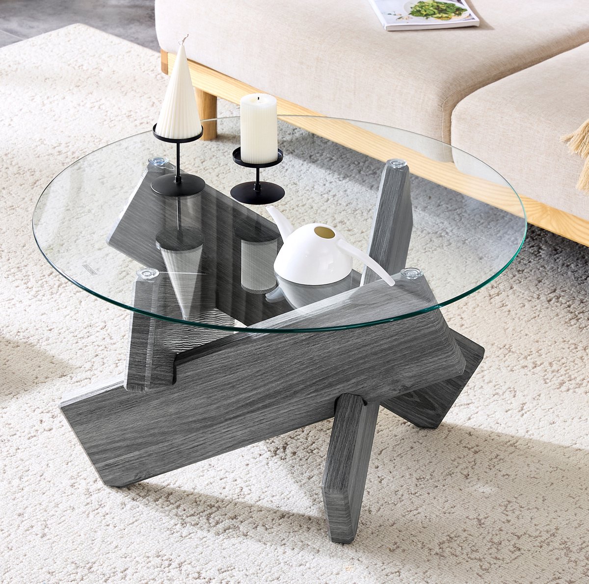 DESMIU Salontafel - Rond Glazen Tafelblad Met Kruisvoet - Voor Woonkamer En Leeshoek - MDF En Glas - 79x79x45 Cm - Grijs Transparant