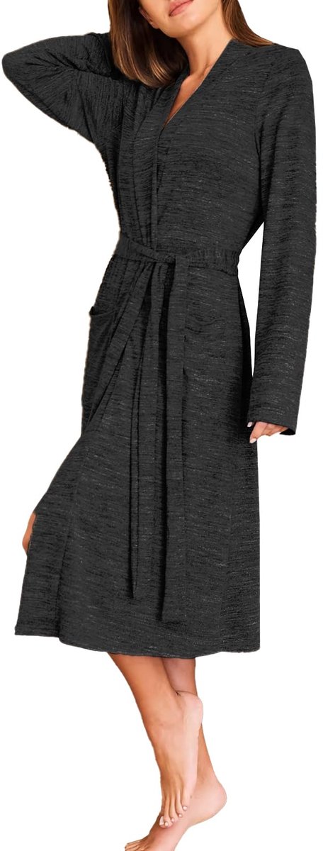 SnelShoppen - NLAND Badjas Dames Licht, Lange Ochtendjas V-hals, Zacht en Comfortabel, Lichte Badkleding, Nachtkleding Donkergrijs M