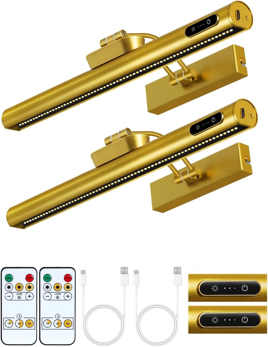 SnelShoppen - Draadloze Oplaadbare Beeldlamp 40 cm met Afstandsbediening en Touch, LED Wandlamp voor Schilderijen, Dimbaar, Timer met 3 Kleuren, USB-C