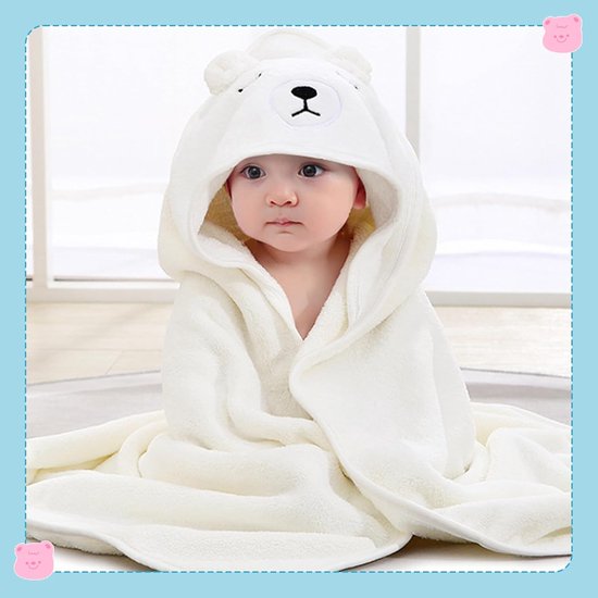 SnelShoppen - Babyhanddoek met capuchon, 2 stuks, zachte en super absorberende babybadhanddoek (80 x 80 cm) in witte beer en blauwe uil voor jongens e — afbeelding 3