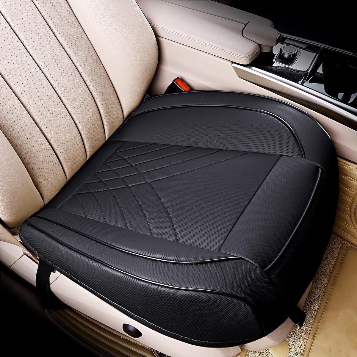 SnelShoppen - Premium PU autostoelhoes voorstoelbescherming, gewatteerd, antislip, universeel voor 95% van voertuigen, zwart, 53,3 x 51,8 cm, 1 stuk