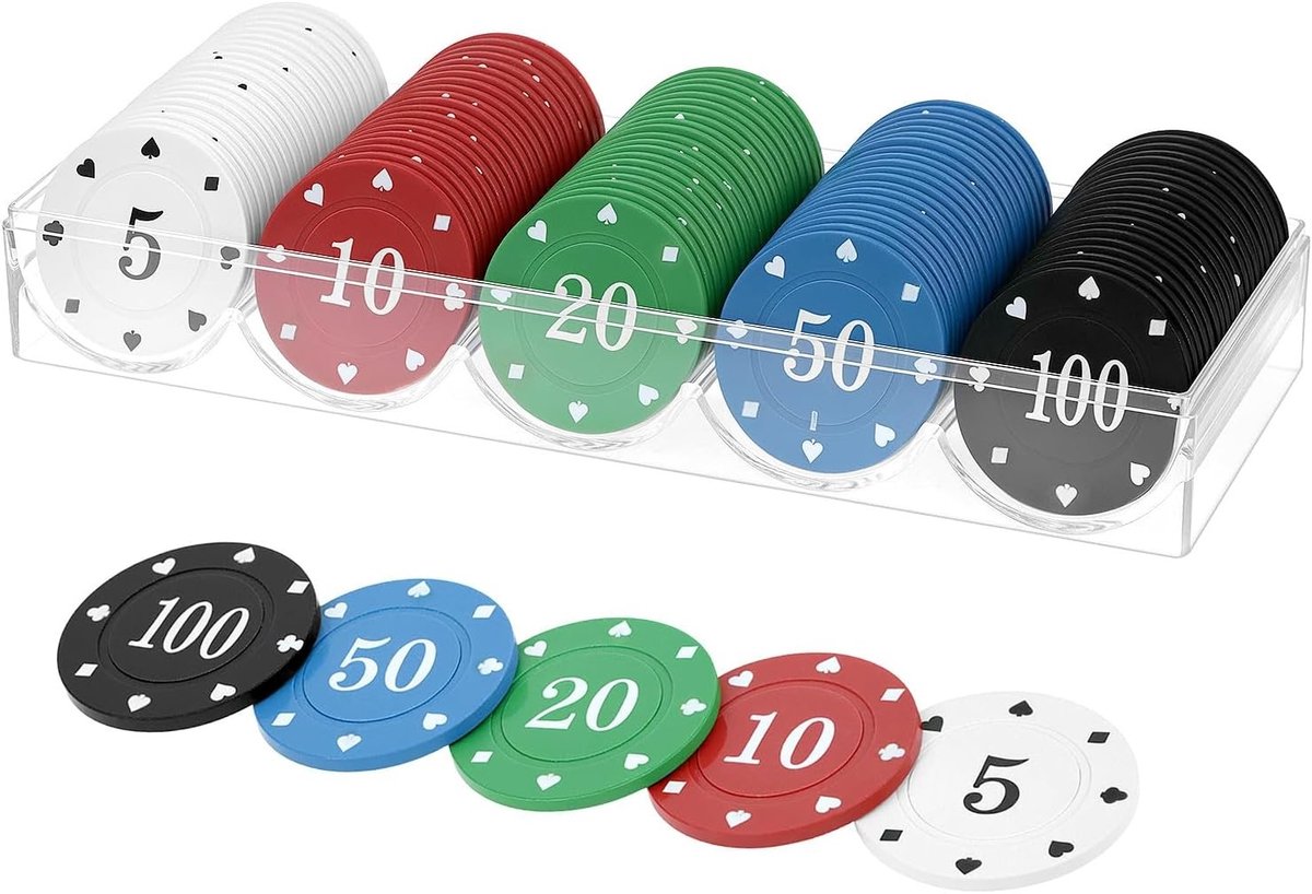 Professionele Poker Chip Set met 100 Stuks voor Poker en Blackjack in 5 Kleuren - Perfect voor Spelavonden en Toernooien