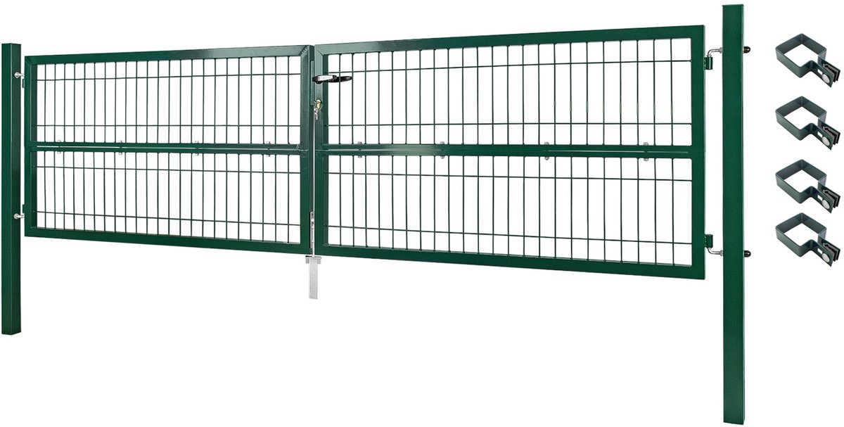 V2Aox Dubbele tuinpoort voor dubbelstaafmathekwerk – 300 cm – Afsluitbare metalen poort groen, inclusief palen