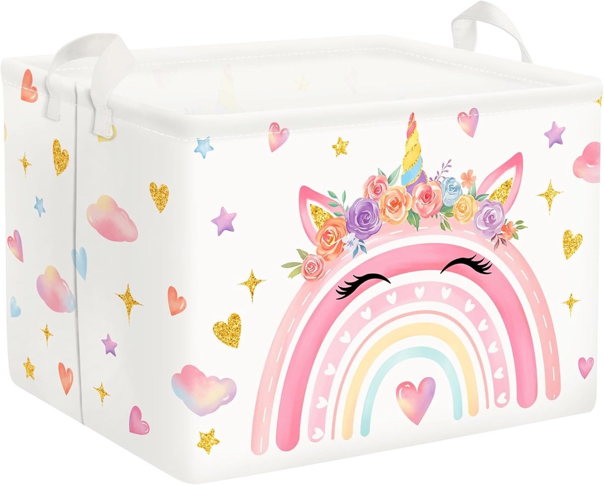Schattige Regenboog Wasmand voor Kinderen - Opbergmand voor Kleding, Boeken en Speelgoed, Unicorn Design, 40x30x30cm
