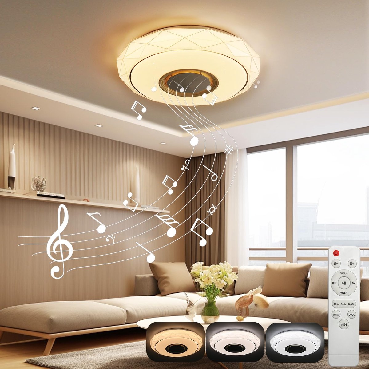 SnelShoppen - Dimbare Led-plafondlamp met Bluetooth-luidspreker, 48W, 41 cm, Moderne Muziekplafondlamp voor Kinderkamer, Woonkamer, Badkamer, Slaapkam