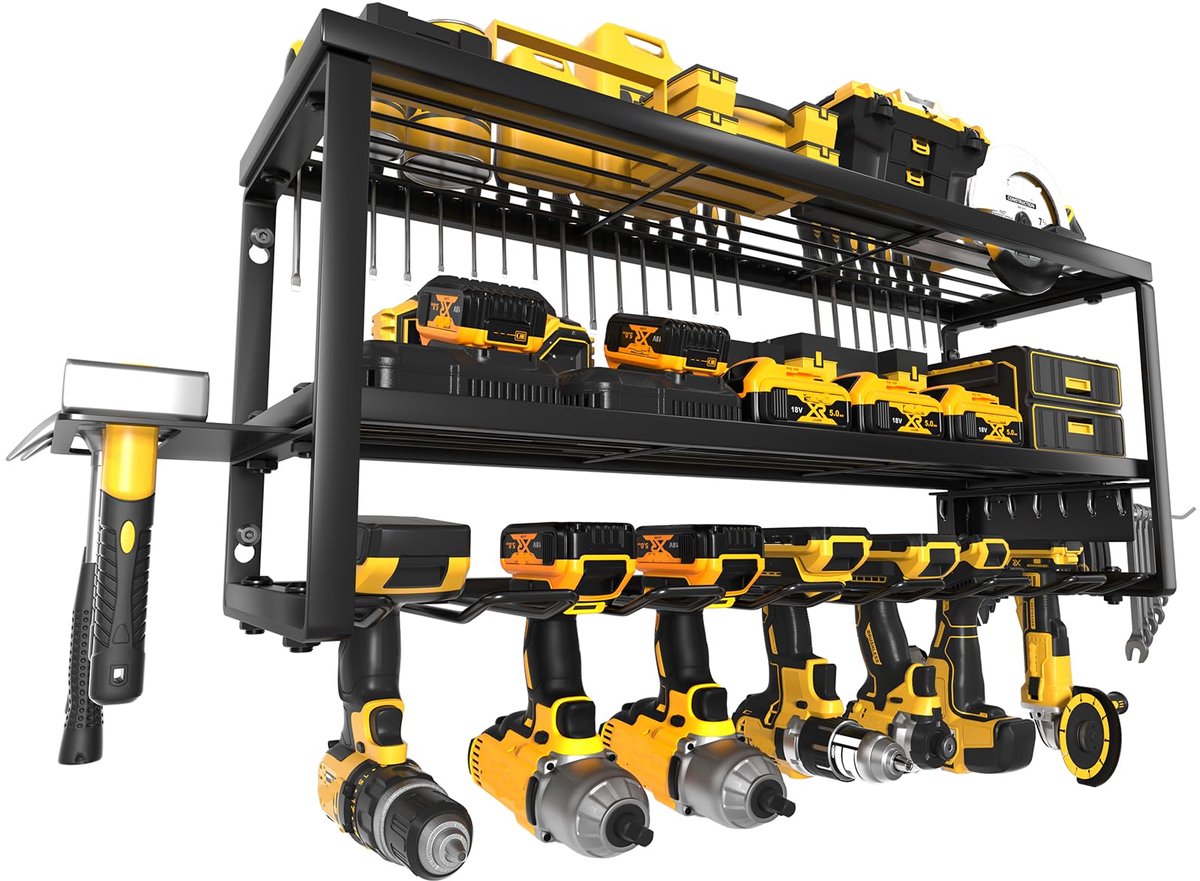SnelShoppen - MOOMSINE Gereedschap Organizer voor Garage, Wandmontage Boorhouder en Batterij Plank, Heavy Duty Metaal Opbergrek met Oplaadstation voor