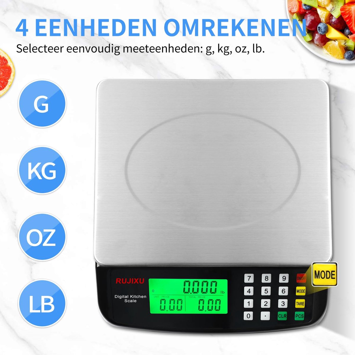 SnelShoppen - Digitale Keukenweegschaal 30 kg Roestvrij Staal met LCD-Display, Tarra-Functie, PCS Telweegschaal en 3 Eenheden Conversie voor Keuken, K