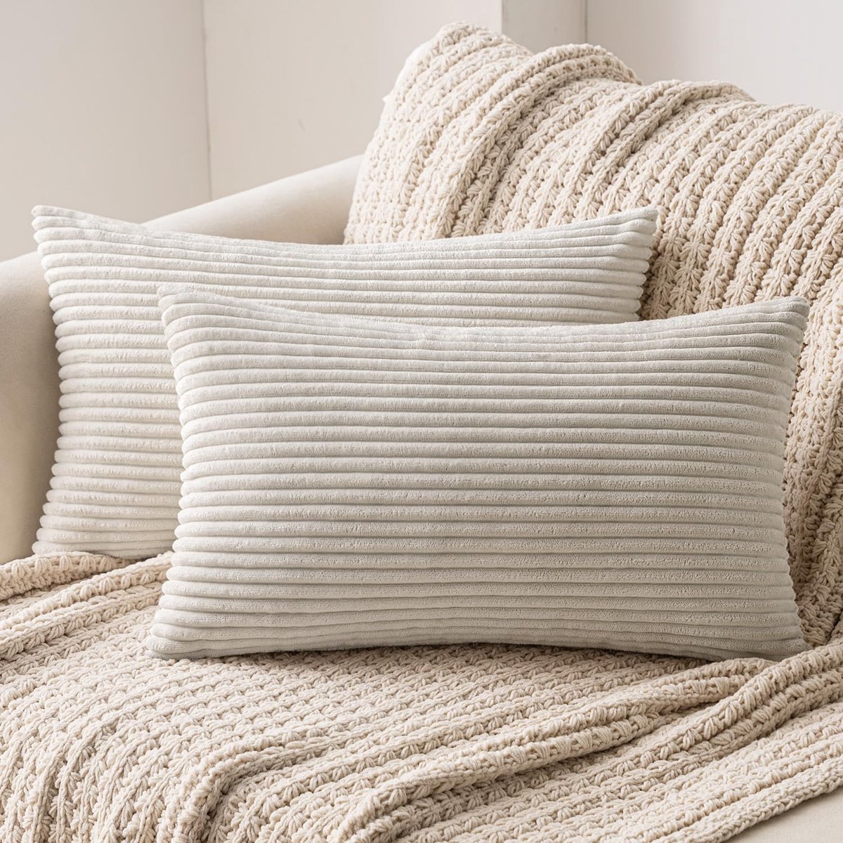 SnelShoppen - Set van 2 Kussenslopen Corduroy voor Decoratieve Kussens, Bankkussen met Verborgen Ritssluiting 40 x 80 cm, Beige, Ideaal voor Woonkamer