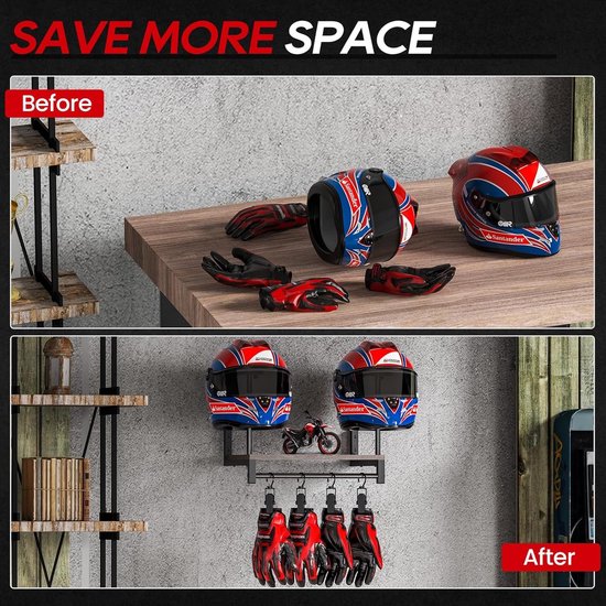 Motorcycle Rack Wandbeugel voor Motoren, Plaat Rack Display Organizer met Helm Hanger en Motoraccessoires voor Voetbal Enthousiastelingen — afbeelding 4