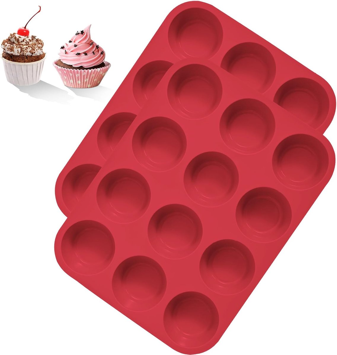 SnelShoppen - 2 stuks siliconen muffinvorm voor 12 muffins, BPA-vrij, antiaanbaklaag, gemakkelijk te reinigen, vaatwasmachinebestendig in rood - ideaa