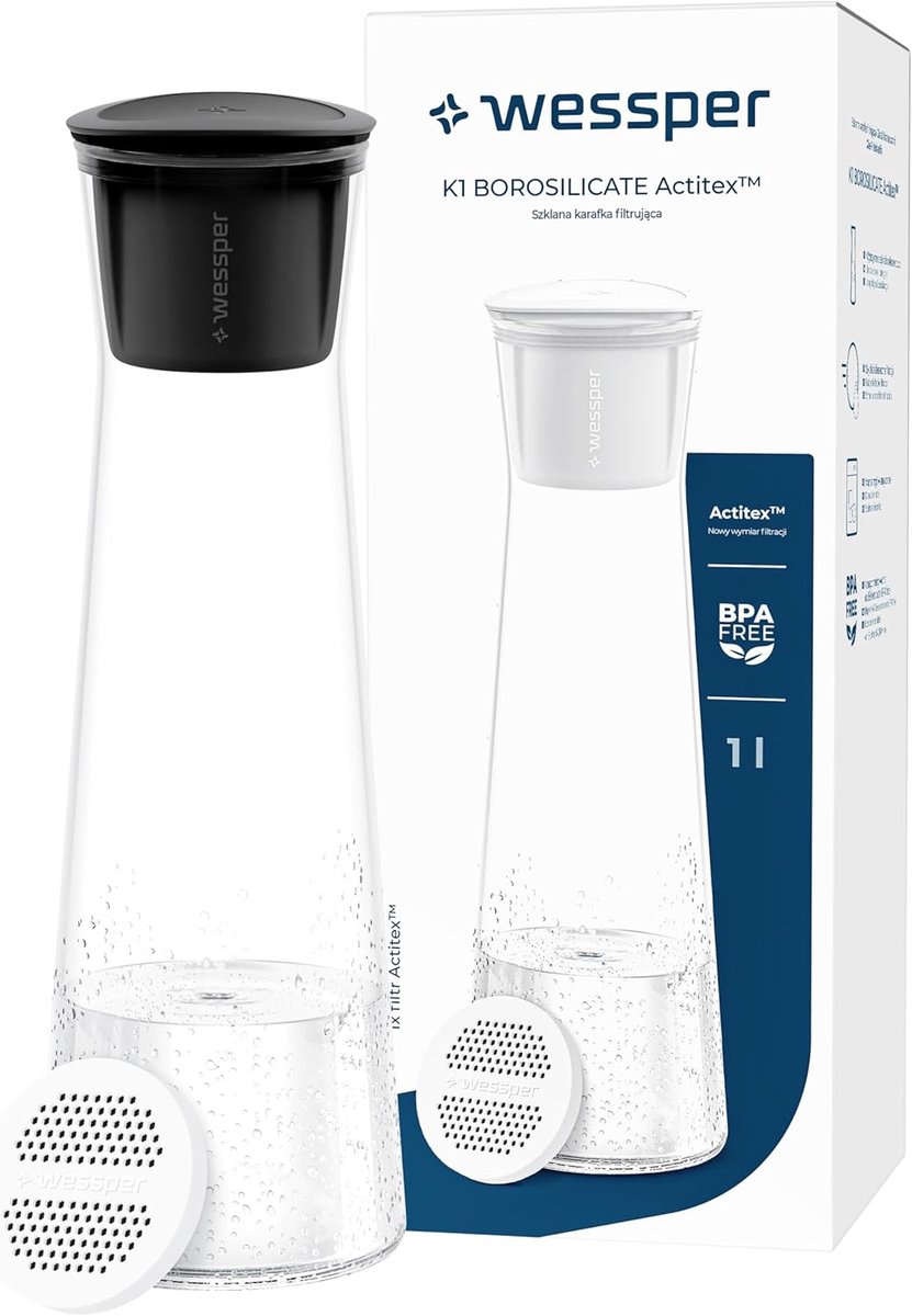 SnelShoppen - Glazen waterfilterkaraf 1 liter, zwart met Micro Disc waterfilter, BPA-vrij, perfect voor koude dranken, keuken en tuin