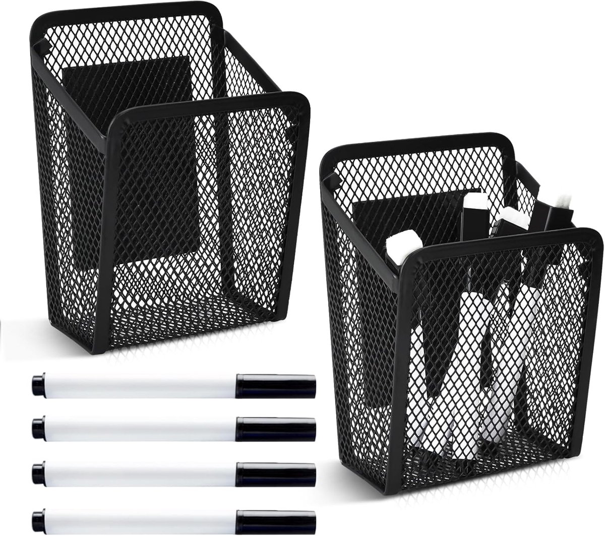 2 Pcs Magnetic Pen Holders, Metal Mesh Storage Basket, Pen Holder with 2 Pcs Whiteboard Pens, Loose Organizer - ShopVlot