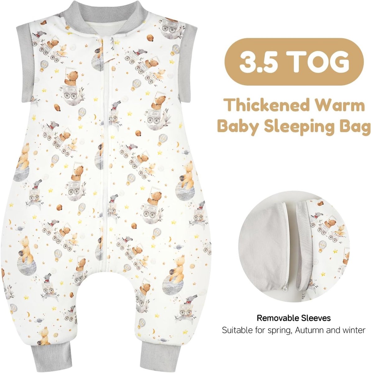 Kinderslaapzak met Voeten, 3.5 Tog, Warme Slaapzak voor Winter, Dikke Slaapzak met Verwijderbare Katoenen Mouwen, Geschikt voor Baby's en Peuters, Grijs, 80/2-3 Jaar, Comfortabel en Ademend