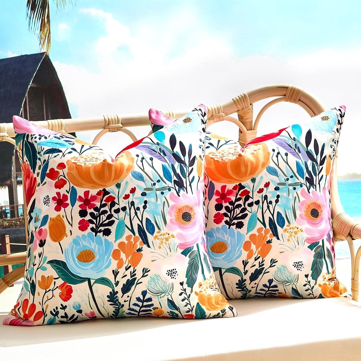 Set van 2 Waterdichte Kussenhoezen 40 x 40 cm met Bloemenpatroon in Blauw, Roze, Oranje en Rood voor Tuinmeubelen en Patio