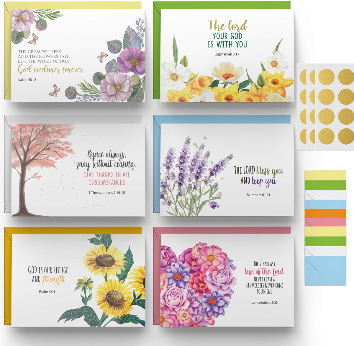 SnelShoppen - Inspirerende christelijke wenskaarten met 6 bijbelverzen, blanco binnenkant, 60 wenskaarten met verschillende kleuren enveloppen en 'gez