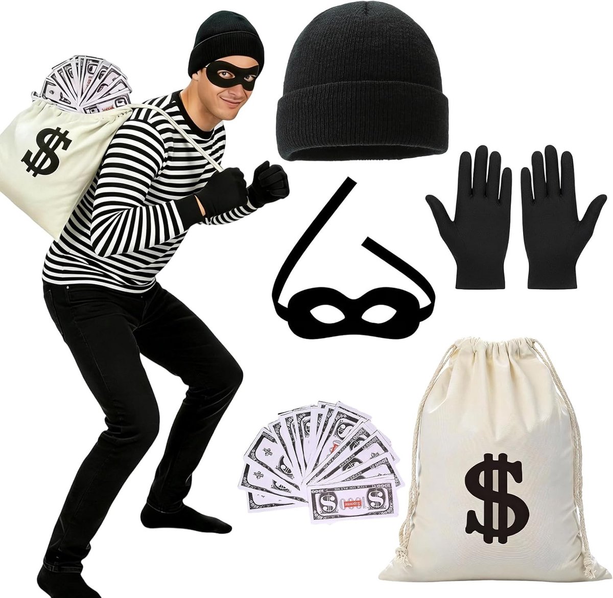 5-delig kostuumaccessoireset voor volwassenen, inclusief gebreide muts, oogmasker, geldzak, bankbiljetten en handschoenen voor carnaval en Halloween cosplay