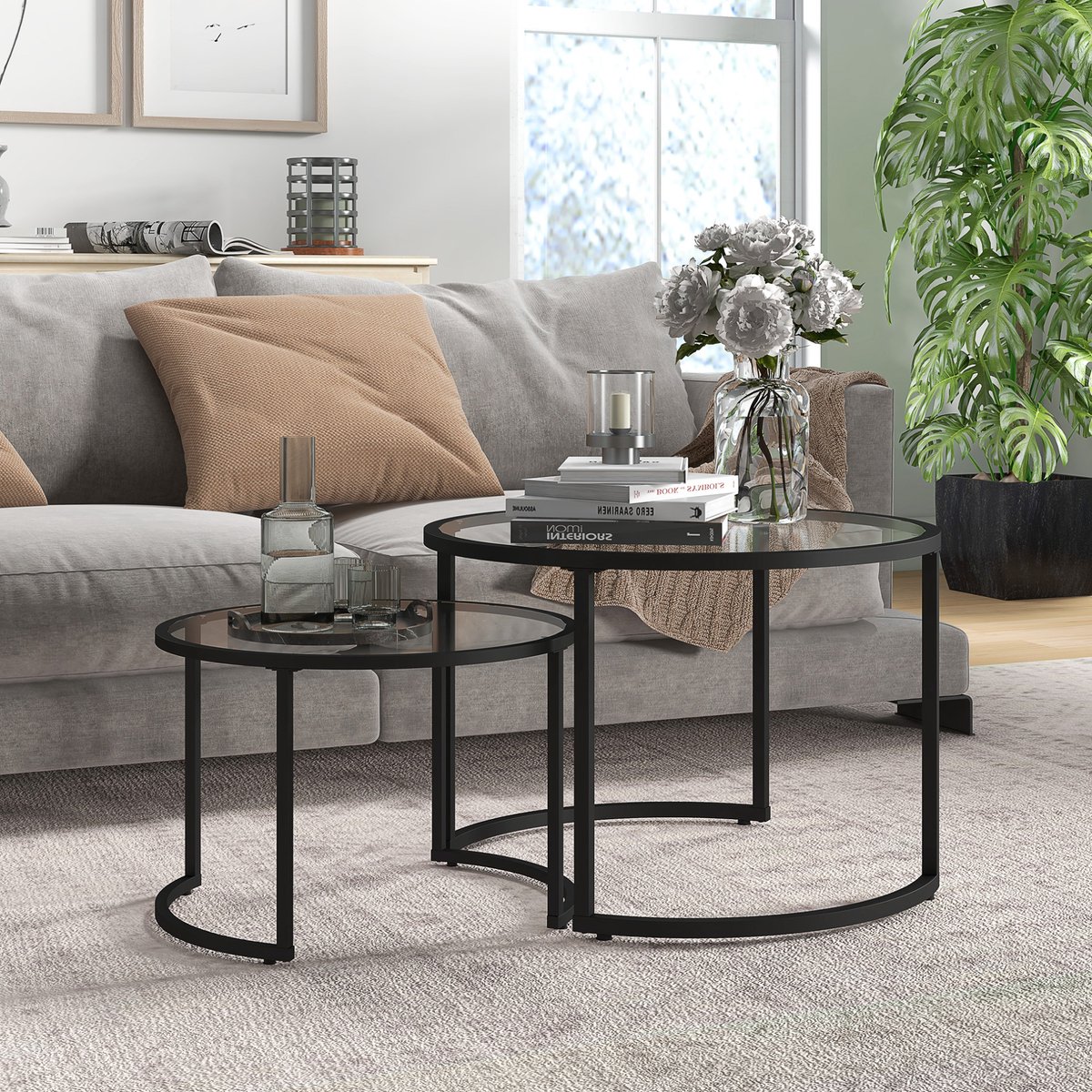 HAUSS SPOLE Salontafel - 2 Delige Set Met Stapelbaar Ontwerp - Rond Voor Woonkamer En Lounge - Staal En Gehard Glas - 70 x 47,5 cm - Zwart