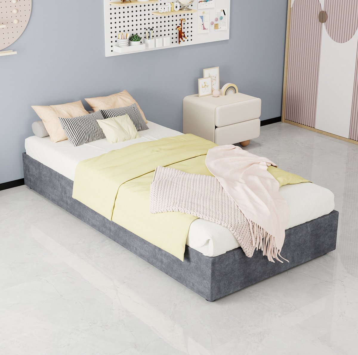 DESMIU Bed 90x200 cm – Eenpersoonsbed Met Gaslift Opbergruimte – Zonder Hoofdbord – Zonder Matras – Voor Kinderkamer/Slaapkamer – Stof – Grijs